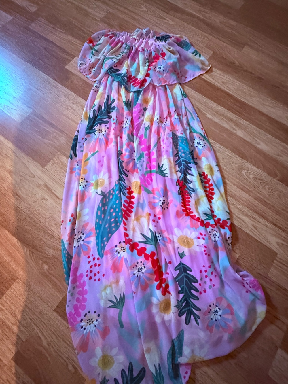 entro Pink Floral Off-Shoulder Maxi Dress with Multicolor Botanical Print